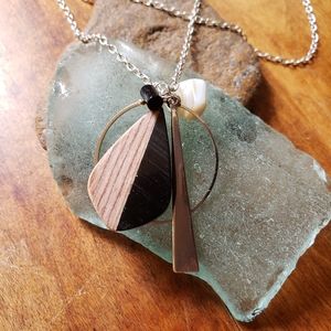 Handmade Boho Geometric Long Wood Shell Necklace